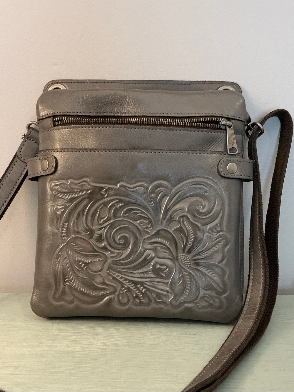 Patricia Nash Francesca Leather Gray Embossed Floral Crossbody